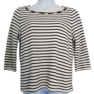 Talbots 100% Cotton Ivory Navy Blue Stripe 3/4 Sleeve Textured Top Nautical
